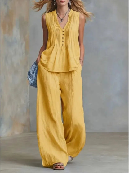 Fashion Pleated V-neck Sleeveless Women's Tops 2-piece Summer Casual Loose Wide-leg Trousers Female Elegant Office Trousers Set