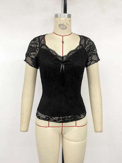 VigoCasey Lady Black Lace T-shirt Women 2026 Summer Sexy Tight Short Sleeve Crop Top Female Elegant Square Collar Tied Club Tops