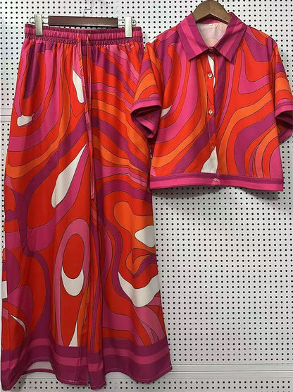 2026 Summer New Fashion Women's Print Suit Lapel Short Sleeve Short Waist Shirt + Elastic Waist Straight Trousers Two-Piece