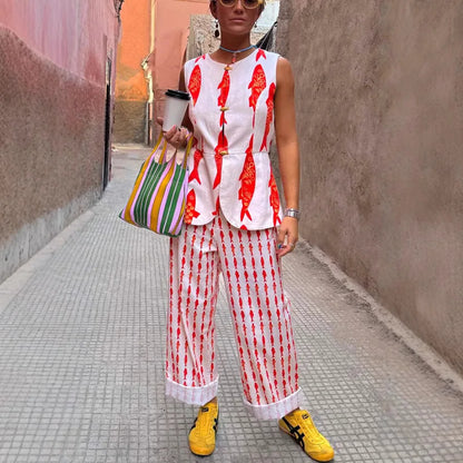 Summer Women Cartoon Red Fish Print O Neck Tank Top And Straight Female Long Pants Short Sleeve Shirt Wide Leg Pant 2 Piece Sets