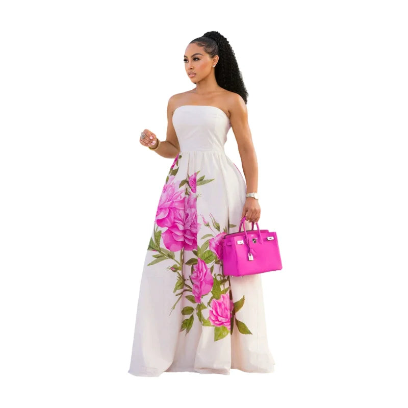 Women Tube Strapless Waist Flowy Maxi Dress With Floral Print For Wedding Guest Resort And Vacation Occasion