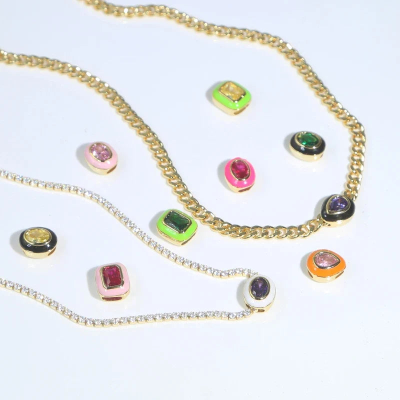 Neon Enamel Pink Heart Rectangle Charm Necklace Bling Colorful CZ Geometric CZ Beaded Tennis Cuban Chain Fashion Women Jewelry
