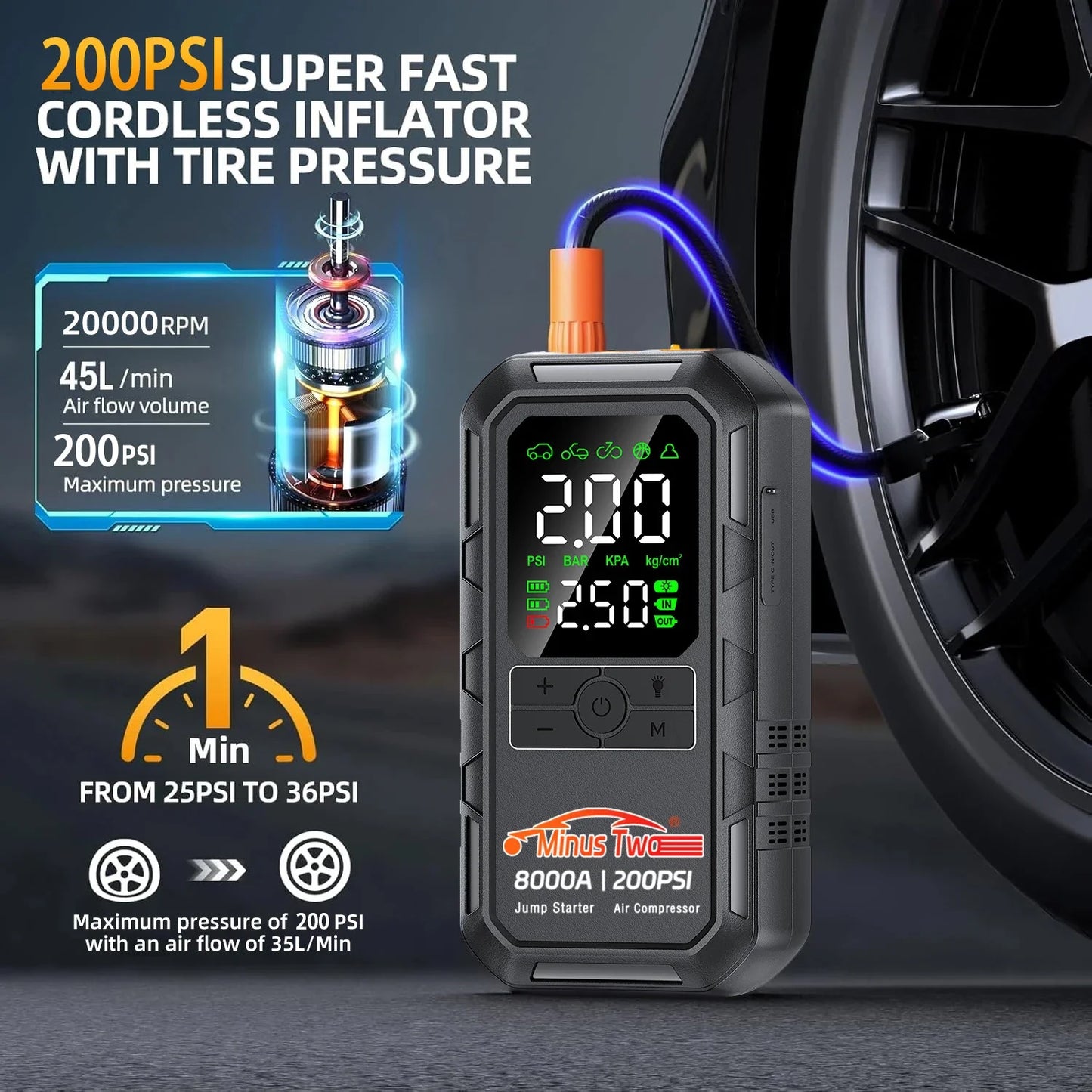 4-IN-1 Car Jump Starter with Air Compressor Peak 4000A Auto Battery Booster 200PSI Air Pump Portable Power Bank Tire Inflator