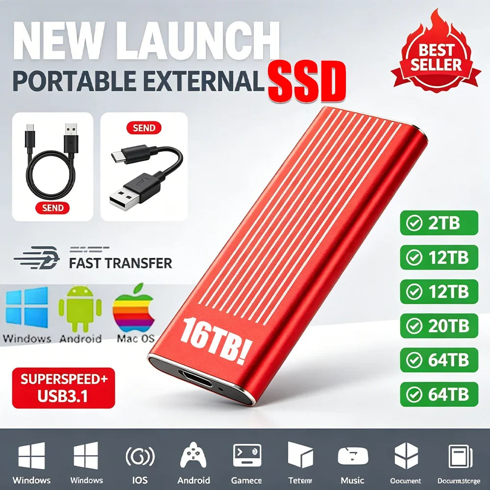 High Speed External Portable SSD 6TB 12TB Plug and Play Mobile Hard Drive Compatible with Windows IOS Android DevicesHigh Speed