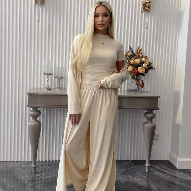 Pant Set Women Three Piece Sets Round Neck Short Sleeve Shirt Straight Pants Lace Up Long Robe Y2k Streetwear Work Casual 2026