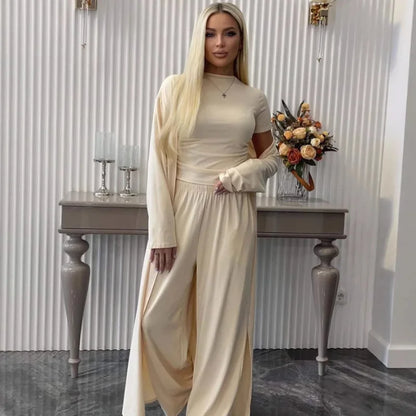 Pant Set Women Three Piece Sets Round Neck Short Sleeve Shirt Straight Pants Lace Up Long Robe Y2k Streetwear Work Casual 2026