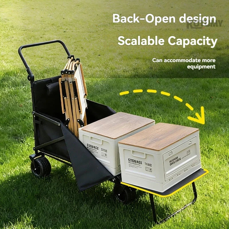 Foldable Camping Wagon with Tank Wheels Outdoor Beach Cart Reclining Design Push Trolley Portable Folding Trailer for Camping