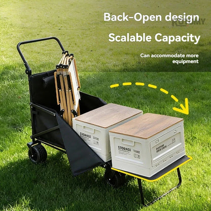 Foldable Camping Wagon with Tank Wheels Outdoor Beach Cart Reclining Design Push Trolley Portable Folding Trailer for Camping