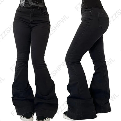 2025 Women's Concise High Waist Flared Jeans Stretchy Slim Fit Casual Chic Trendy Denim Pants Goth Harajuku Y2K Female Trousers