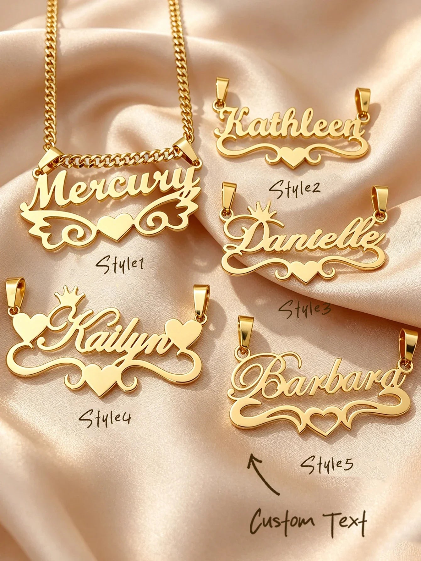 Personalized custom name jewelry necklace, featuring 5 different styles, crafted from 18k gold stainless steel, perfect for ever