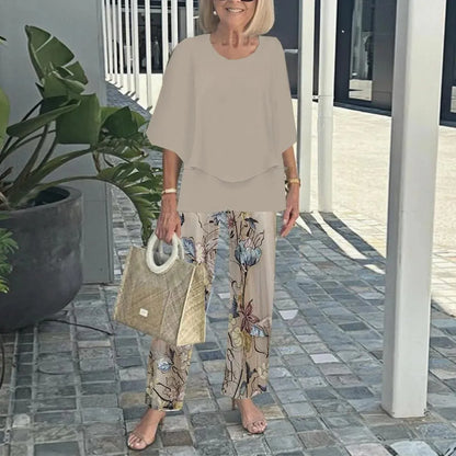 Summer Fashion New 2 piece Sets Women o-neck Sleeve print Pants Suits Casual Loose Irregular Top Wide Leg Pant two piece Set