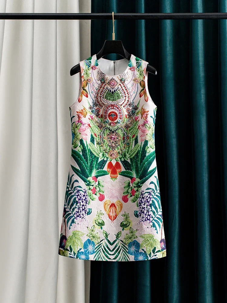 Women Green Printed Beaded Sleeveless a Line Dress Round Neck Summer Midi Dress Elegant Casual Party Dress