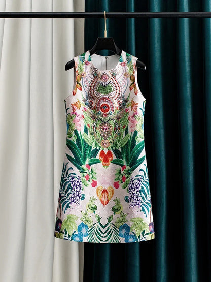 Women Green Printed Beaded Sleeveless a Line Dress Round Neck Summer Midi Dress Elegant Casual Party Dress