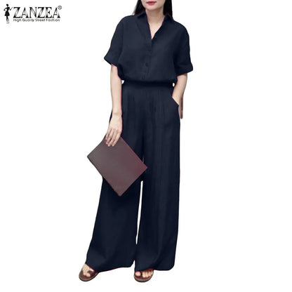 Summer Women's Casual Pant Suits Wide Leg Pant & Half Sleeve Shirt 2 Piece Sets ZANZEA Solid Color Commuting Day Wear Pant Sets
