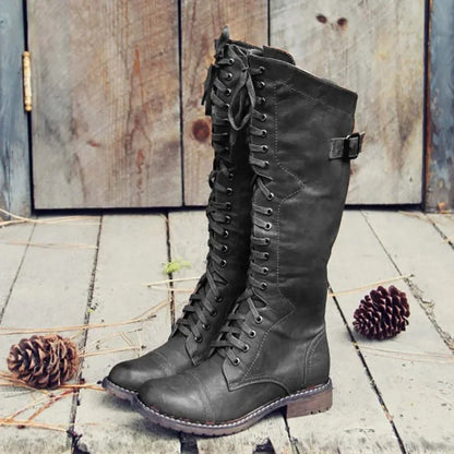 Women Knee High Boots Autumn Winter Lace Up Flat Shoes Sexy PU Leather Shoes Retro Buckle Women Shoes Fashion Black Knight Boots