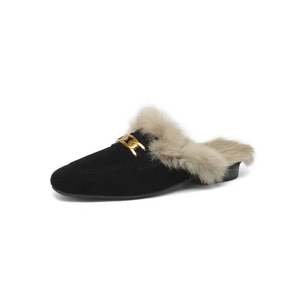 2023 Winter Sheep Suede Women Shoes Rabbit Hair Mules Shoes for Women Round Toe Low Heel Slippers Chunky Heel Cover Toe Slippers