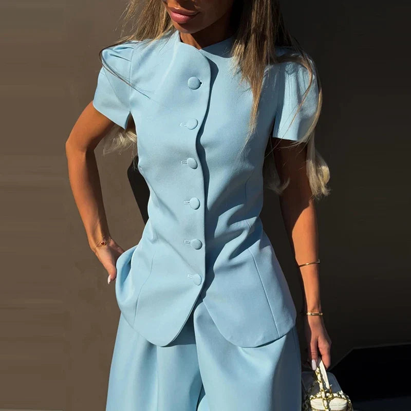 Casual Women's Waist Cinched Blazer Pants Set O-neck Puff Sleeve Shirts Loose Lantern Pant 2026 Summer Lady Chic Commute Suit