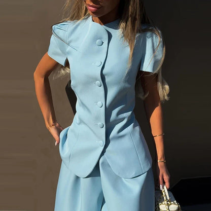 Casual Women's Waist Cinched Blazer Pants Set O-neck Puff Sleeve Shirts Loose Lantern Pant 2026 Summer Lady Chic Commute Suit