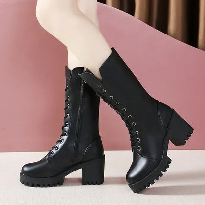 Winter Women's Boots 2025 New Thick Heel Lace-up Boots Fashion Platform Women Shoes  Zipper Round Head Women's Boots for Autumn