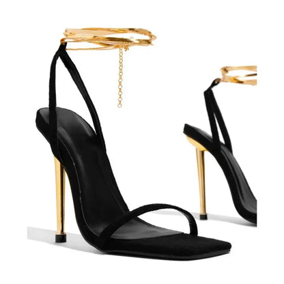 Women Heels Sexy Gold  High Heels Sandals Thin Single Strap Metal Stiletto Sandals Gold Heel Shoes