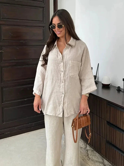 Women Elegant Lapel Pants 2 Piece Sets Chic Long Sleeves With Pocket Shirt Loose Wide Leg Trousers Sets 2025 Streetwear Outfit