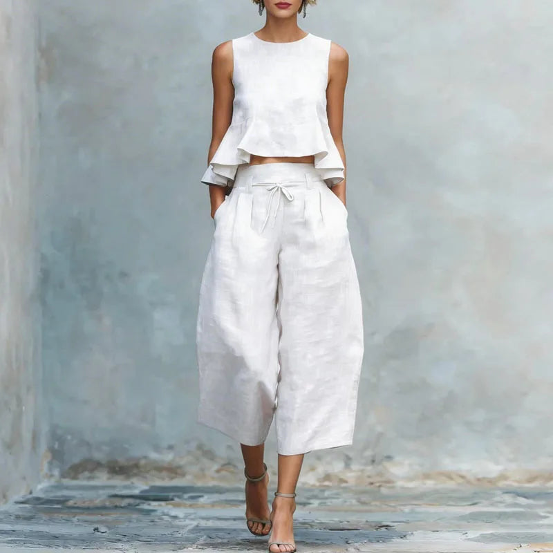Spring Summer Vacation Outfits Woman 2026 Elegant O Neck Sleeveless Tank Top And Wide Leg Trousers Suit Casual Ruffle Loose Sets