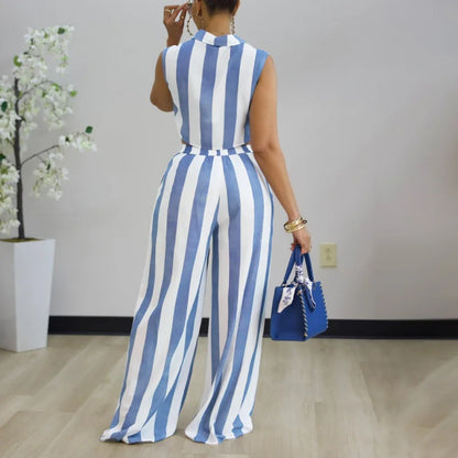 New African Fashion Women Casual Two Piece Set Striped Printed Sleeveless Pockets Crop Vest Top And Wide Leg Pants Set