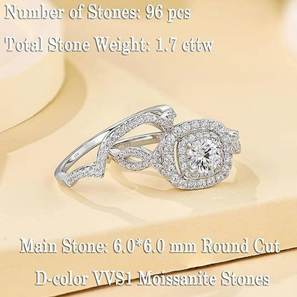 Newshe 2Pcs Halo Round Cut Moissanite Wedding Ring Set for Women Solid 925 Sterling Silver Zircons Luxury Bridal Rings