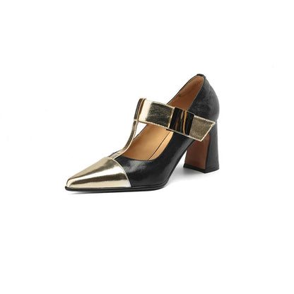 2025 Spring Mary Janes Women Shoes Pointed Toe Chunky Heel Pumps Genuine Leather Shoes for Women Elegant High Heels Buckle Heels