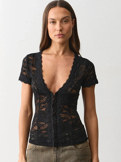 JULISSA MO Sexy Deep V-neck Sheer Lace Women T-shirt Black Short Sleeve Floral T-shirt Summer Skinny Casual Vacation Streetwear