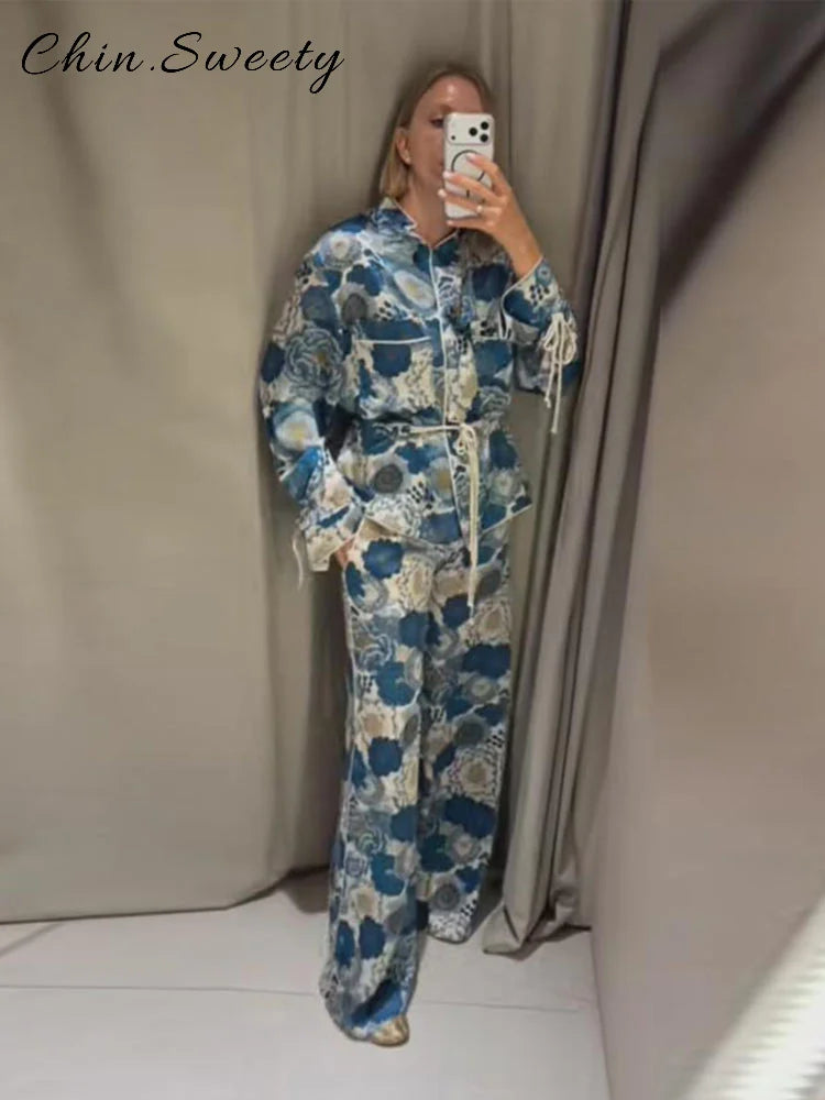 Casual Women's Printed Blouses Pant Set Loose Long Sleeve Lapel Lace Up Blouse Wide Leg Pockets Pants 2026 Autumn Lady Suit