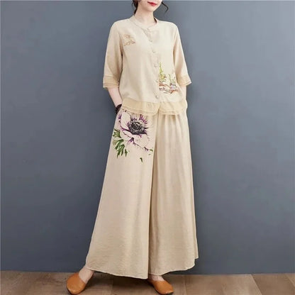 Spring Summer Women Leisure Large Size 5XL 2PCS Middle Aged Mother Mother Cotton Linen Suit 2025 Female Embroidery Two-piece Set