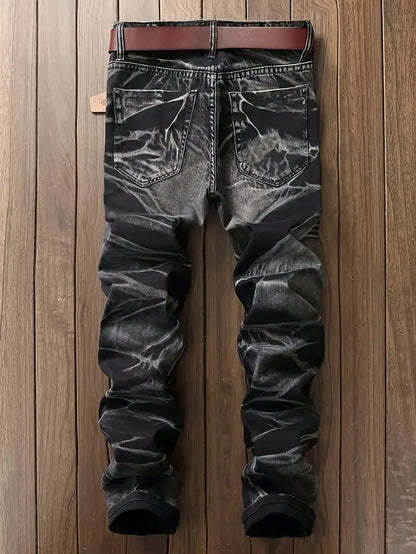 Men's Jeans Black And White Slim Fit Stretch Denim Pants Casual Mid Waist Spring Trousers