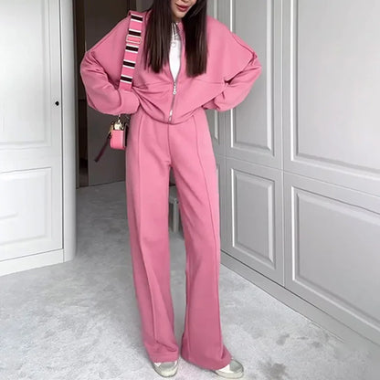 Fashion Women's Suit Zipper Trousers Round Neck Sweatshirt Wide Leg Trousers 2 Piece Set Conjuntos De Pantalón Fall Clothes 2025