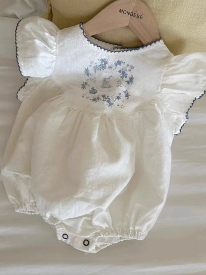 HY23086 Summer Baby Cotton Short-Sleeve Bubble Onesie Padded Pantsuit with Embroidery Fly Sleeve Romper for Crawling Baby
