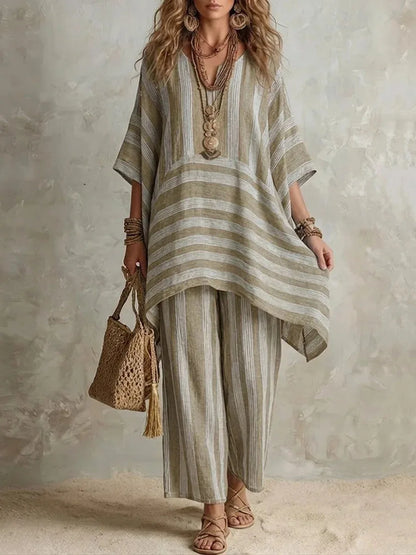 2026 New Women's Two Piece Spring/Summer Fashion V-neck Loose Striped Casual Set