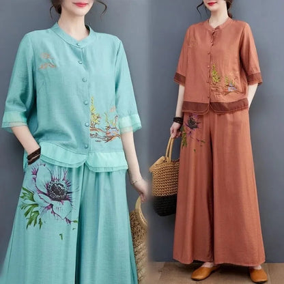 Spring Summer Women Leisure Large Size 5XL 2PCS Middle Aged Mother Mother Cotton Linen Suit 2025 Female Embroidery Two-piece Set