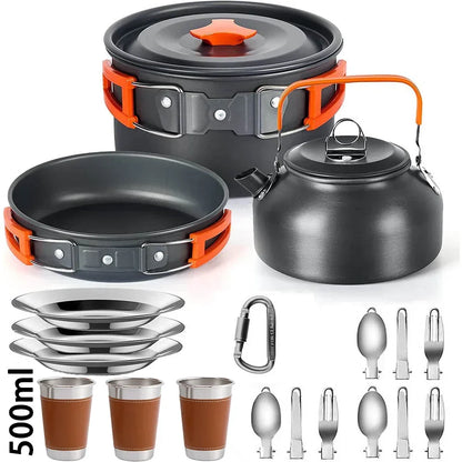 2-3 Person Non-Stick Camping Cookware Set, Portable Outdoor Picnic Travel Tableware with Teapot