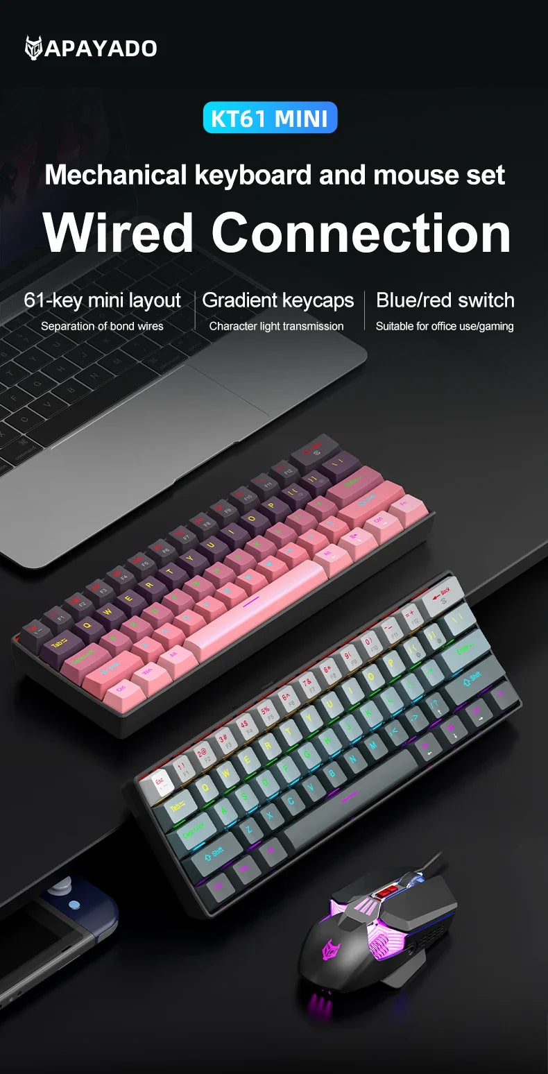 Mechanical keyboard and mouse set, 60% Portable Mini Wired Keyboard and Mouse combos, 61 Keys Phantom RGB keyboard and mouse kit
