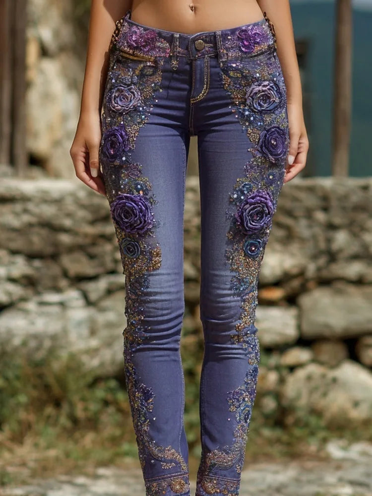 Women's Fashion Floral Jeans Straight Leg Denim Pants European American Style