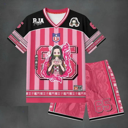 Demon Slayer Shinobu Kocho #67 Jersey 2-Piece Set Men's Anime Butterfly Wing Short Sleeve Tee and Shorts Casual Streetwear