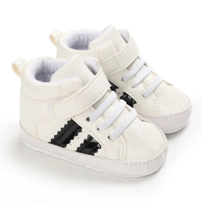 Baby Learning Walk Shoes, Striped PU Sports Shoes for Infants 0-18M, Soft Sole Lightweight Casual Footwear
