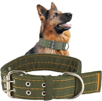 Heavy Duty Wide Military Thick Dog Collars for Large Dogs Adjustable Strong Nylon Tactical Pet Collar with 2-Rows Metal Buckle