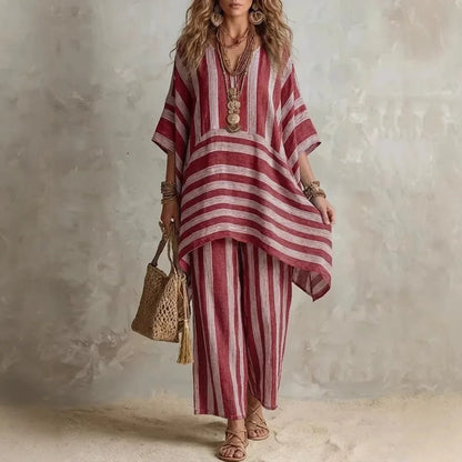 2026 New Women's Two Piece Spring/Summer Fashion V-neck Loose Striped Casual Set