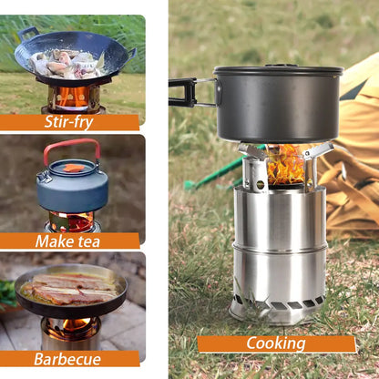 Outdoor Camping Portable Wood Stove Stainless Steel Double-Layer Heat-Concentrating Split Stackable Picnic Backpack Stove