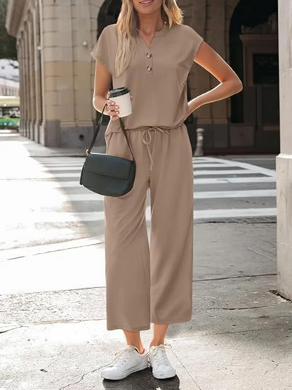 Women 2 Piece Outfit Set V Neck Button Short Sleeve T Shirt Drawstring Wide Leg Capri Pants Casual Loose Tracksuit Loungewear Va