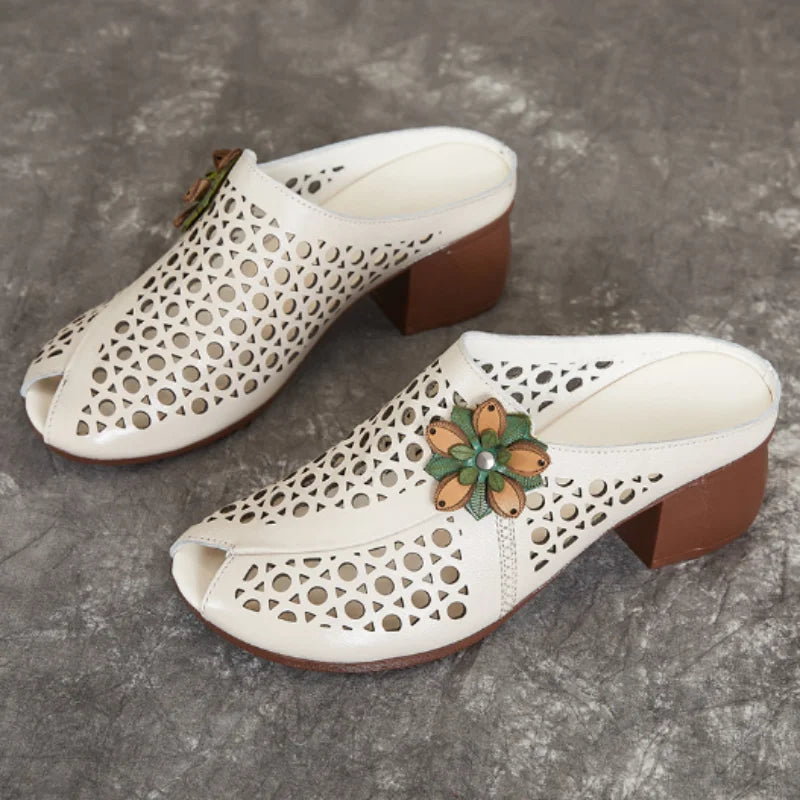 2026 New Summer Thick Bottom Slope with High Heel Slippers Genuine Leather Sandals Flowers Hollow Women Shoes Fashion Sandals