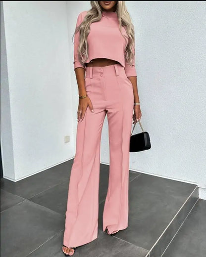 Casual Long Sleeve Shirt Pants Set Office Lady Spring Autumn Fashion Solid O-neck Tops Trousers Two Piece Set Women Outfit 2023