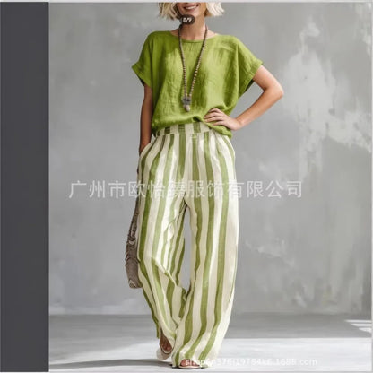 Fashion Linen Printed Striped Trousers Short-sleeved Women 2piece Set Summer New Retro Loose Wide-leg Trousers Female Casual Set