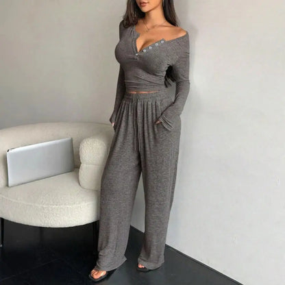 Button Up Crop Top & Wide Leg Pants Set, Women's Long Sleeve Matching Lounge Outfit Casual Fall Spring Tracksuits ﻿